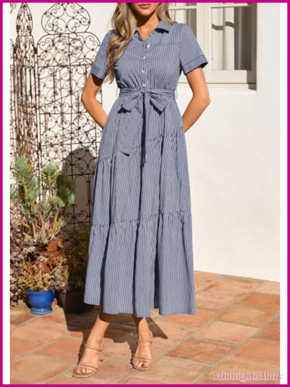 Women's Striped Button Up Maxi Shirt Dress with Belt | Short Sleeve Flowy